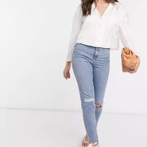 ASOS Design Volume Sleeve Satin Shirt in White, US 8, EU 40